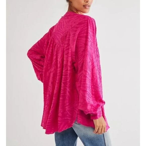 XS Free People Can’t Stop Dreaming Tunic Shirt Pink Oversized Button Up Top Boho - Picture 2 of 8